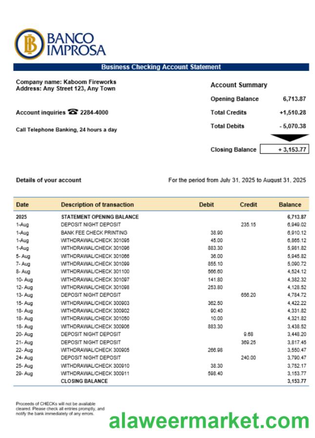 Costa Rican Banco Improsa bank firm account statement Word and PDF template